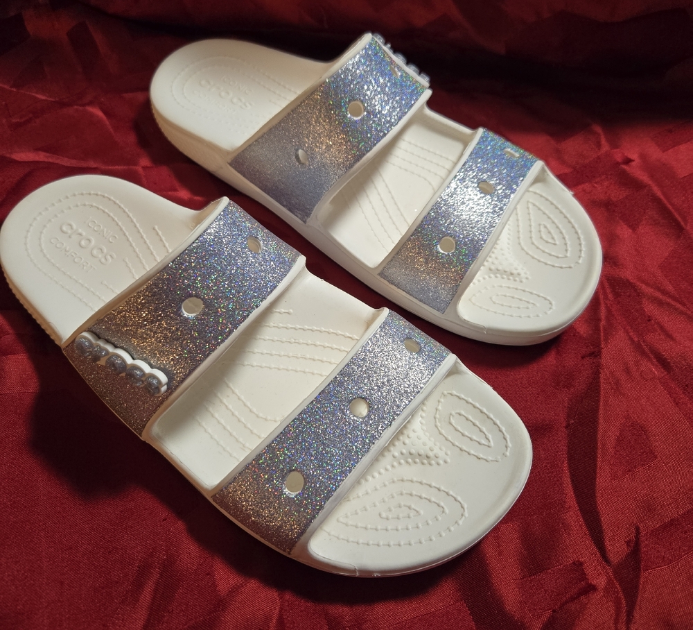 CROCS White and Silver Glitter Slides